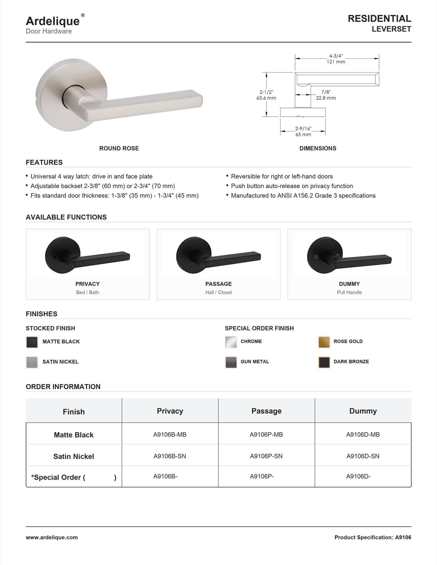 Jasper round rose A9106 full specification sheet preview