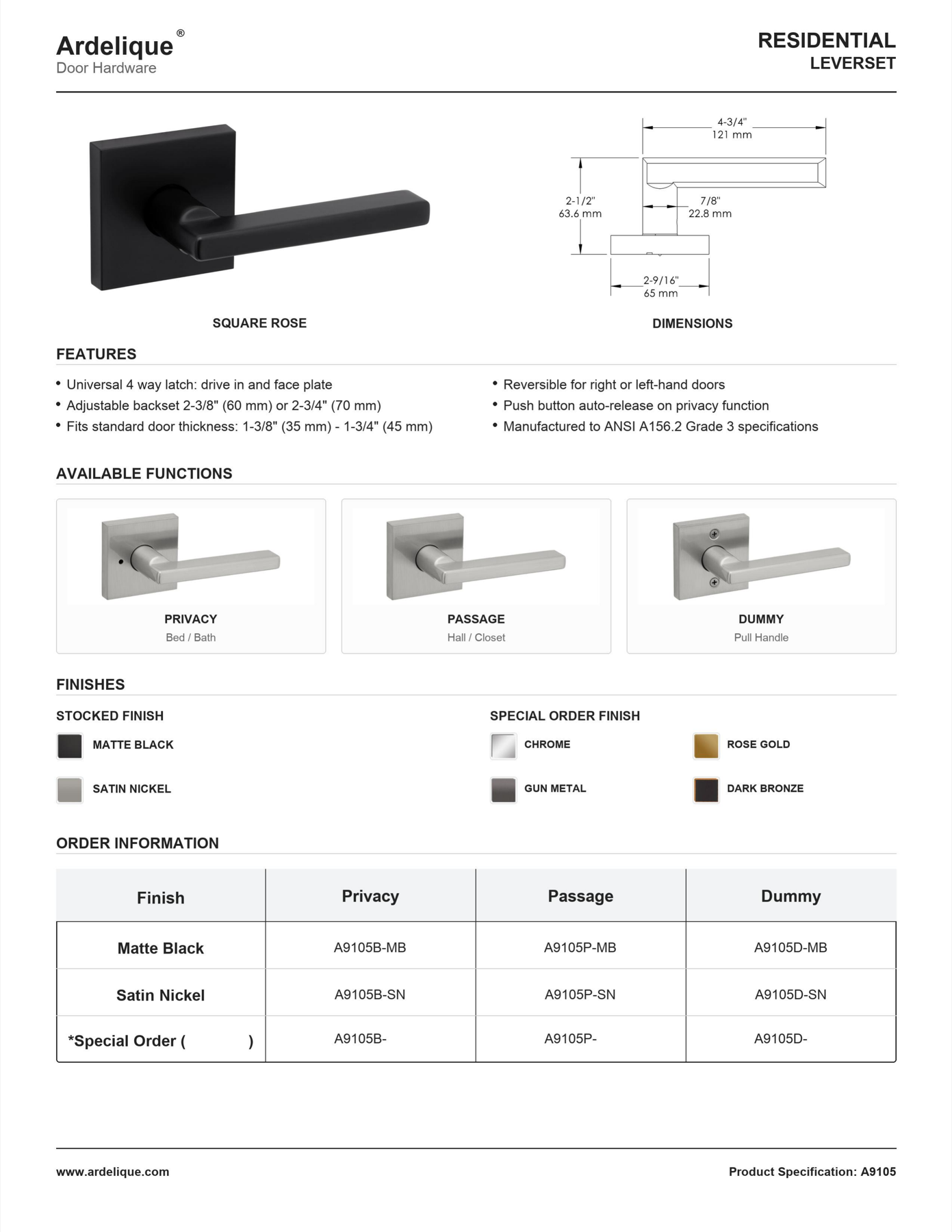 Jasper square rose A9105 full specification sheet preview